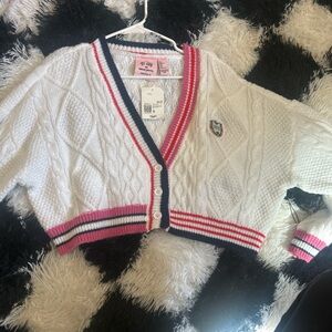Hello Kitty White Cable Knit Cropped Cardigan with Pink & Navy Stripes